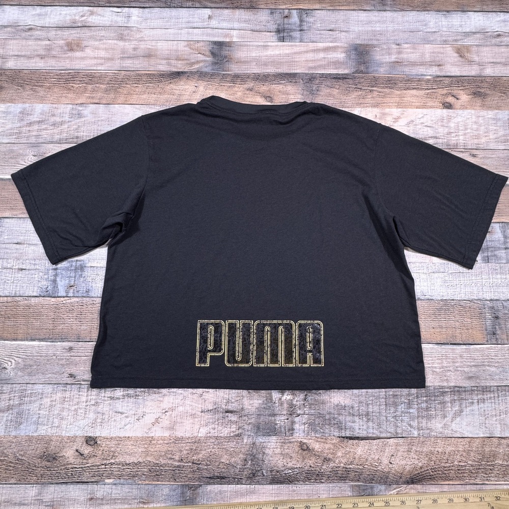 Puma Women's Training T-Shirt Cropped Black‎ Medium Iridescent Logo Graphic Tee